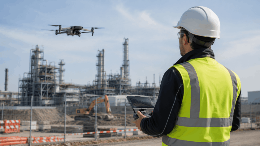 Outfit e attrezzatura professionale per pilota di drone, con gilet ad alta visibilità, radiocomando con cordino e cappellino protettivo disposti su un piano di lavoro.